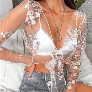 NWT Sheer Mesh Floral Tie Top Womens OS White Pink Embroidered Crop Boho Fairy
